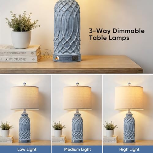 WIHTU 26.5'' Blue Resin Table Lamps, Touch Beside Lamps with USB Ports