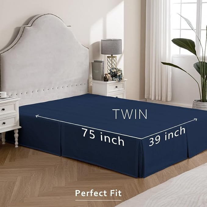 MIYE Pleated Waffle Weave Bed Skirt, Tailored Dust Ruffle 18 Inch Drop Easy Fit, Machine Washable (Navy Blue, Twin - 18" Drop)