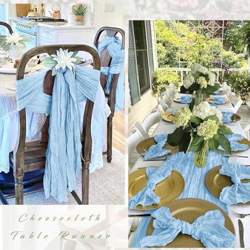 12 Pack Baby Blue Cheesecloth Table Runner 17 x 108 Inch Gauze Table Runner Fabric Semi Sheer Cheese Cloth Table Decor Bulk for Rustic Romantic Wedding Baby Shower Table Decoration