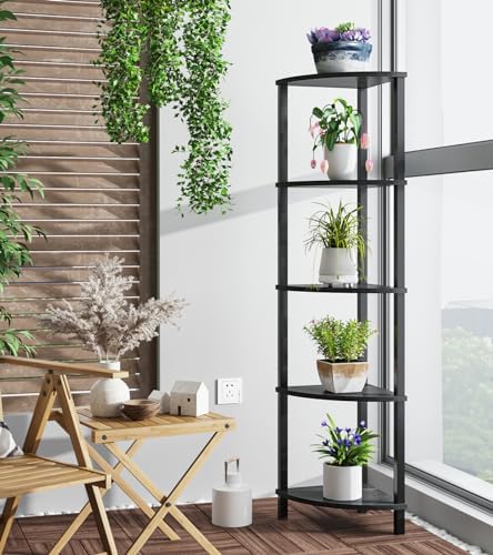 VIMBER Corner Shelf, 5-Tier Corner Bookshelf, Industrial Corner Ladder Shelf, Modern Display Shelf for Living Room, Bedroom, Kitchen, Home Office, Black UJSJ001B