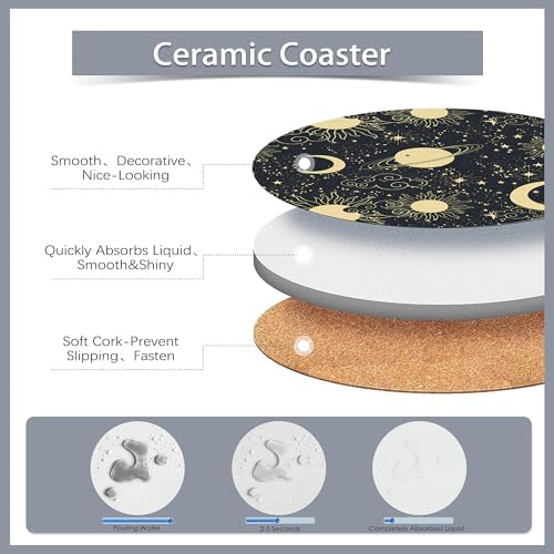 Drink Coasters Set of 6 with Holder,Gold Sun Moon Clouds Stars Absorbent Ceramic Coasters with Cork Base,Fit All Cups,Tabletop Protection Mat for Mugs and Cups,Office,Kitchen