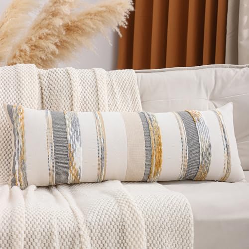 Boho Lumbar Throw Pillow Cover 14x36 Yellow Gray