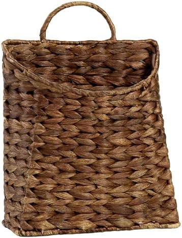 PINXIURY Water Hyacinth Hand Woven Basket, Wicker Hanging Wall Basket, handmade Decor & Storage Organizer for Entryway, Bathroom, Living Room, Farmhouse, and Front Door, 8.7 x 4.7 x 11.4 inch, Coffee