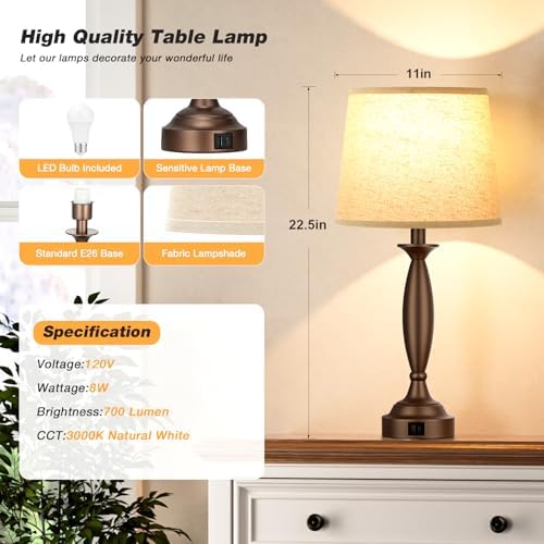 Bedroom Lamps for Nightstand, 3 Way Dimmable Brown Bedside Lamps with USB