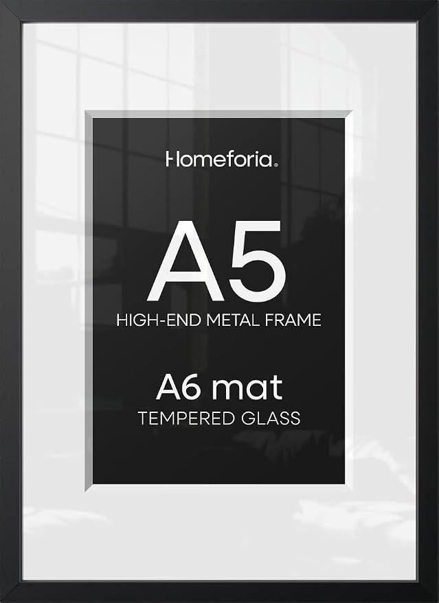 Homeforia A5 Black Picture Frame, High-End Metal, A6 Mat, Glass