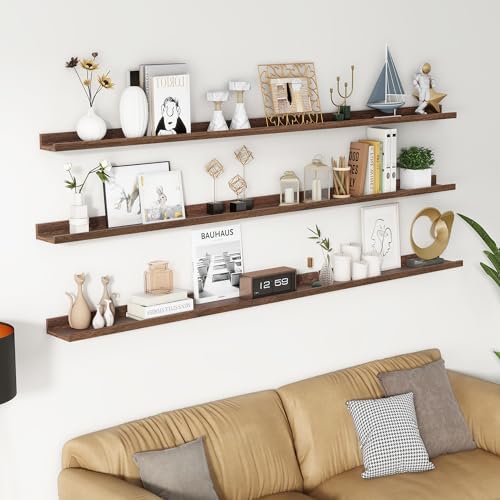 Axeman Picture Ledge Shelf, 72 Inch Walnut Floating Shelves Set of 3