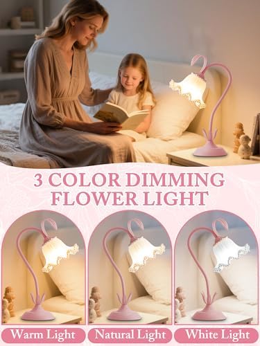 Flower Table Lamp LED Reading Light Vintage Night light (Pink Pearls)