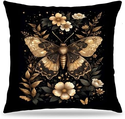 Moody Gothic Floral Butterfly Pillow Covers 18x18, Butterfly Room Home Decor, Dark Cottagecore Flower Rustic Botanical Moth Decorative Throw Pillow Covers