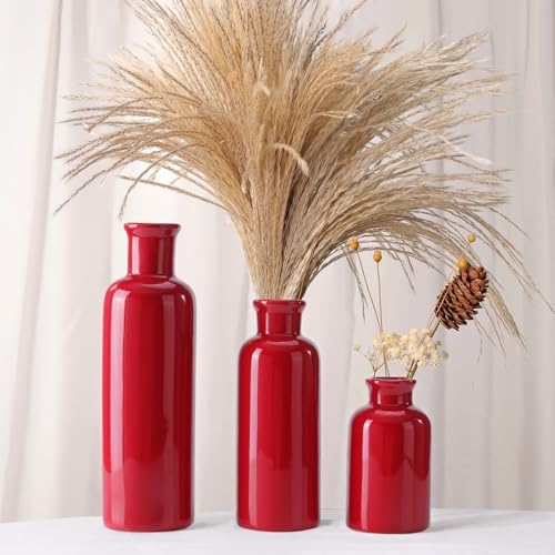 Small Ceramic Vase Set of 3, Boho Modern Flower Vase Room Decor, Farmhouse Decor, Vases for Your Kitchen, Bathroom, Bedroom, Living Room, Office&Shelf Centerpiece Table Decorations, Red