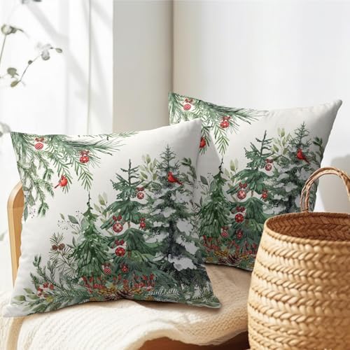 Green Christmas Tree Throw Pillow Covers 24x24 Inch Set of 2 Winter Pine Trees Red Berry Bells Birds Decorative Pillowcase Xmas Holiday Cotton Linen Cushion Cover for Home Sofa Couch Patio