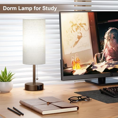 Brown Bedside Lamp for Bedroom Nightstand - Small Table Lamp with USB Ports