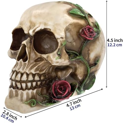 READAEER Human Skull with Rose Resin Statue Small Size Head Sculptures Skull Collectible Figurines