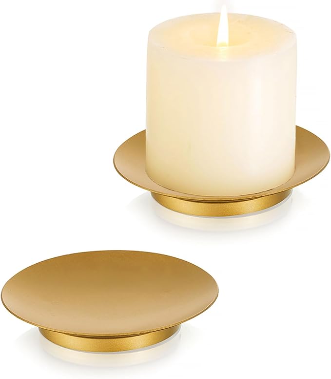 Romadedi Gold Pillar Candle Holder Plates, Decorative Stand Pack of 2