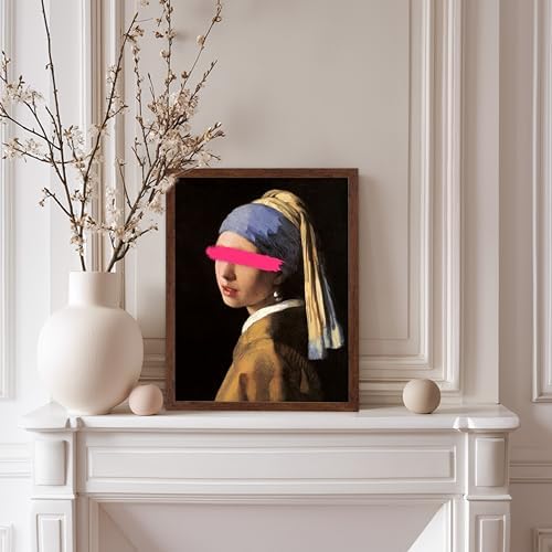 Poster Master Girl with a Pearl Earring Painting Print - Baroque Portrait Poster - Altered & Pop Art - Gift for Men & Women - Decor for Bedroom, Living Room or Office - 11x14 Brown Framed