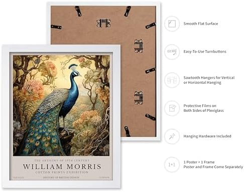 Poster Master William Morris Poster - Peacock Print - Bird Art - Botanical Design - Flower Art - Exhibition Display - Animal Illustration - Floral Design - Aesthetic Office or Bedroom Decor - 11x14 White Framed