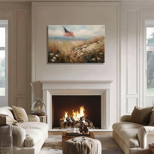 RIBNTAK Vintage American Flag Canvas Wall Art, Rustic Field Landscape Artwork Print for 4th of July Decorations, Patriotic Decor Collection Perfect for Independence Day Bedroom Home Decor