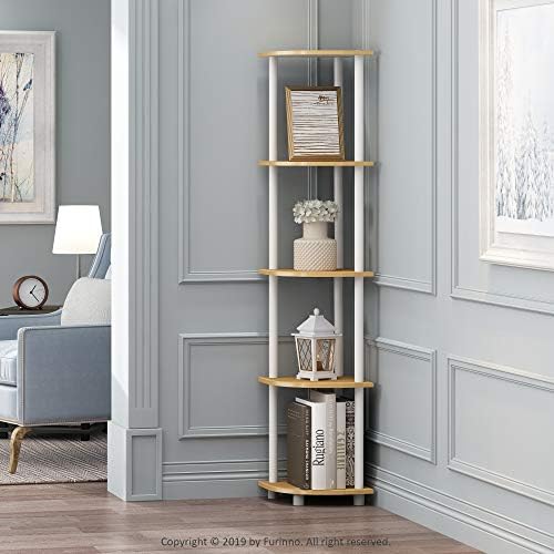 Furinno Turn-N-Tube Corner Shelf Set of 2, 5-Tier Corner Bookshelf, Open Storage Shelves, for Organization and Storage, Living Room, Home Office, Garage, Beech