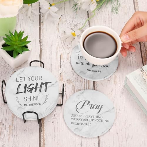 Billbotk Ceramic Coasters with Bible Verses, Coasters Set of 8 with Holder, Absorbent Drink Coasters for Home Decor and Christian Gifts, 4 Inches (Pack of 3)