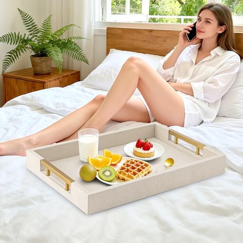 Beige Faux Leather Serving Tray with Handles – Large Decorative Tray for Coffee Table, Ottoman, Living Room, Bathroom – Home Decor