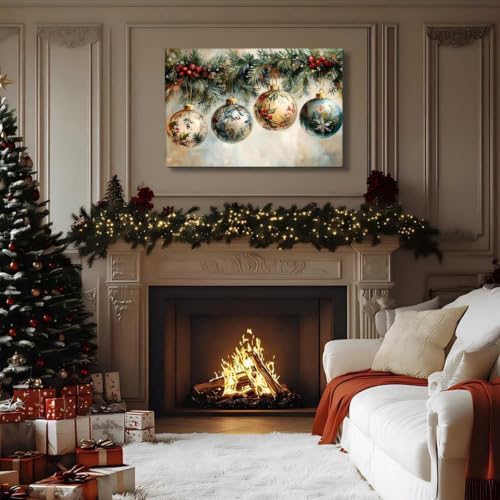 FLZYKGPA Vintage Christmas Canvas Pictures for Living Room & Bedroom Decor, Christmas Wall Decor 24x36in, Holiday Wall Art for Office, Floral Christmas Painting, Victorian Flower Holly Garland