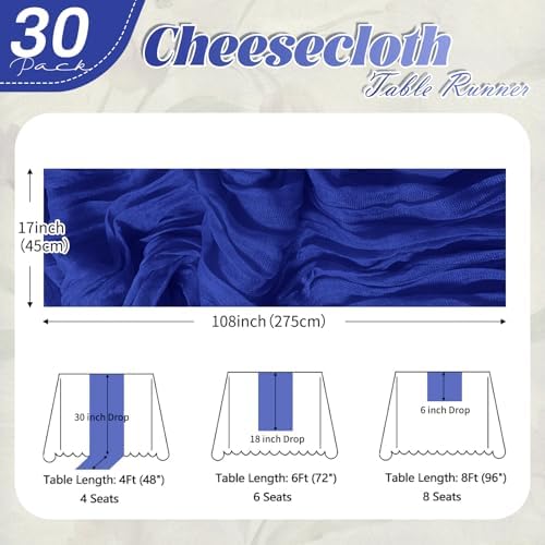 30 Pack Royal Blue Cheesecloth Table Runner 17 x 108 inch Cheese Cloth Table Runners 9ft Terracotta Table Runner Rustic Romantic Sheer Gauze Runner for Wedding Party Baby Shower Table Decoration