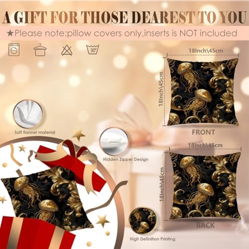Vintage Baroque Jellyfish Black and Gold Throw Pillow Cover 18x18