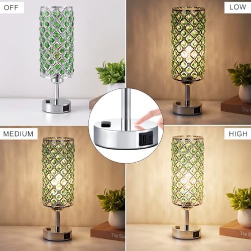 Hong-in Green Crystal Lamp Touch Control Set of 2, Crystal Table Lamps with USB C+A Ports & AC Outlet, 3-Way Dimmable Nightstand Touch Lamp, Modern Bedside Table Lamp for Bedroom(Bulbs Included)