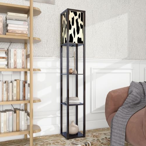 Standing Lamp with Shelves Tall Black White Cow Pattern Used for Modern Wood Corner Lamp for Bedroom Living Room Office Floor Lamp Mid Century Room Decor