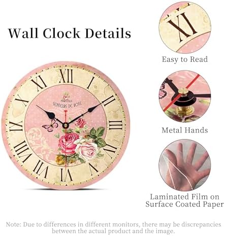 VIKMARI 14in Pink Wooden Wall Clock Roman Numerals Battery Operated Silent