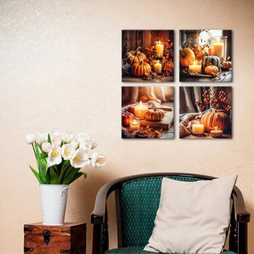 Fall Wall Decor Pumpkin Wall Art for Kitchen Dining Room Halloween Decorations Rustic Farmhouse Candle Canvas Prints Pictures Autumn Harvest Theme Poster Festival Party Home Decorations 16x16" 4Pcs