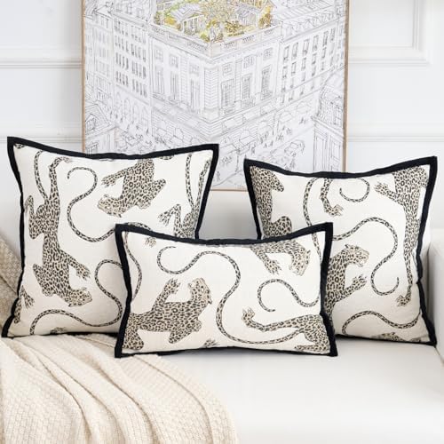 Premium Series, Snow Leopard Throw Pillow Covers, Animal Jacquard Cushion Cases for Home Decor, Chenille Velvet Double-Sided Designs, Cream White, 18 x 18 inch, Covers Only