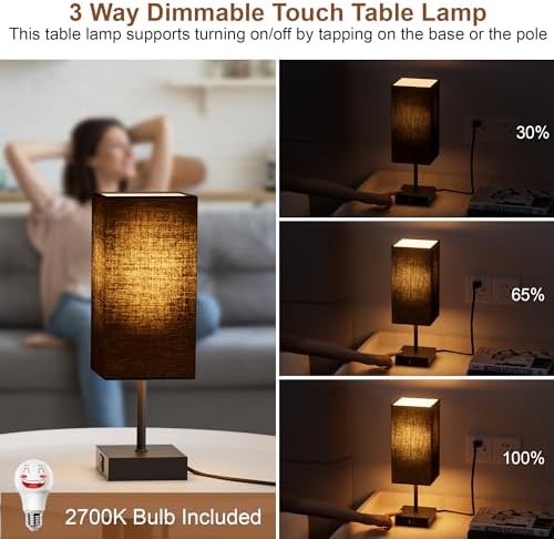 Touch Bedside Table Lamp for Bedroom, 14-Inch, Black, Set of 2