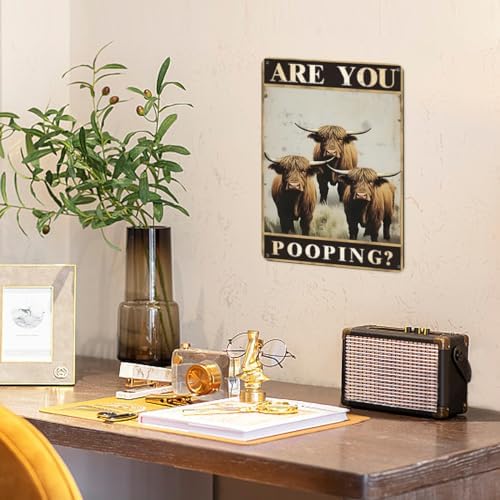 12x8 inches Highland Cow "Are You Pooping?" Funny Tin Signs, Bathroom Wall Decor(90)