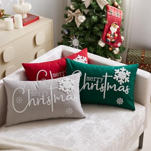 Merry Christmas Pillow Covers 12x20 Inch Embroidery Snowflake Xmas Decorative Lumbar Throw Pillow Cover Winter Holiday Pillow Case Cushion Cases for Sofa Couch Living Room Decorations Gray