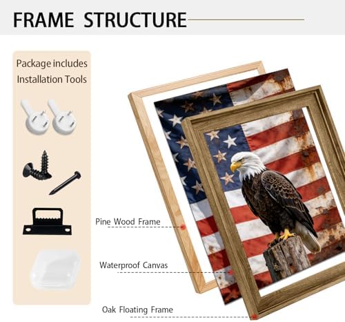 American Flag Framed Canvas Wall Art, 4th of July Patriotic Canvas Prints | USA Flag with Bald Eagle Poster Print, Vintage Independence Day Wall Decor for Bedroom Living Room 12×16in