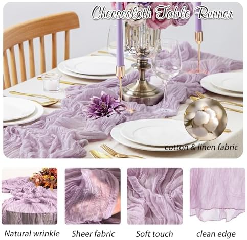 Lilac Cheesecloth Table Runner 6 Pack 35" Boho Gauze Runner 120 inches Long Runner Rustic Sheer Fabric Bulk for Baby Shower Wedding Bridal Birthday Party Picnic Table Decorations