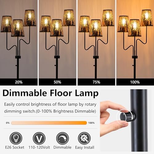 9MMML 3-Light Black Dimmable Floor Lamp for Living Room Bedroom 68'' Tall Standing Lamp with Metal Hollow Shades, 3 x E26 LED Bulb Included