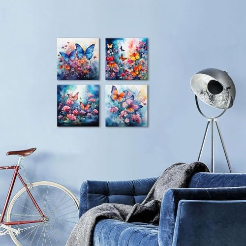 Abstract Wildflower Canvas Wall Art Bathroom Decor Colorful Butterfly Canvas Prints Pictures Watercolor Daisy Poppy Floral Nature Flowers Artwork for Living Room Bedroom Home Decorations 16x16" 4Pcs