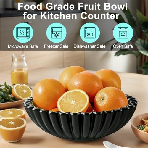 KULEDM Ceramic Decorative Bowl Home Decor - 10in Black Scalloped Ruffle Fruit Bowl for Kitchen Counter, Dishwasher & Microwave Safe