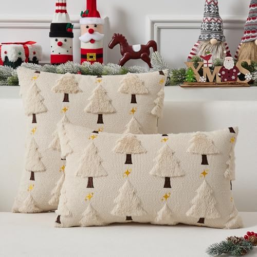 UGASA Star Christmas Decorative Pillow Covers 12x20 Inch Set of 2 Soft Plush Faux Fur Jacquard Throw Pillows Pillowcases for Couch Sofa Holiday Festivals Winter Home Decor, Beige