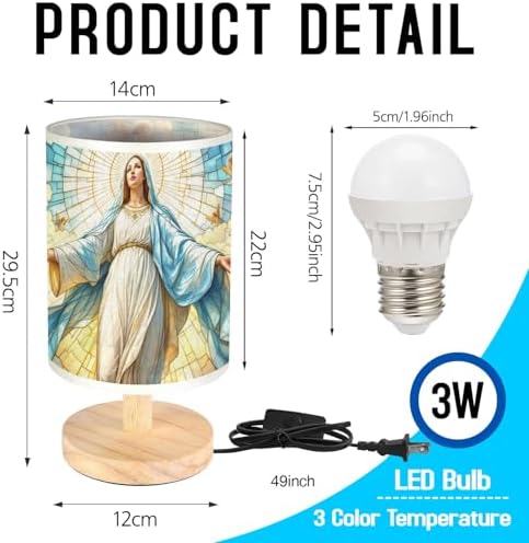 The Merciful Virgin Mary Table Lamp LED 3-Color Pressed Bedside, The Merciful Virgin Mary Shade Lamp with Wood Base for Bedroom Living Room Desk Office TL01
