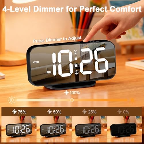 ALANAS Slim Digital Alarm Clock, Big Mirror Display with Dual USB Charger Ports, Dual Alarms, Snooze, 4-Level Adjustable Dimmer, for Bedroom, Office, Desk, Dorm, College Students, Home (Black)