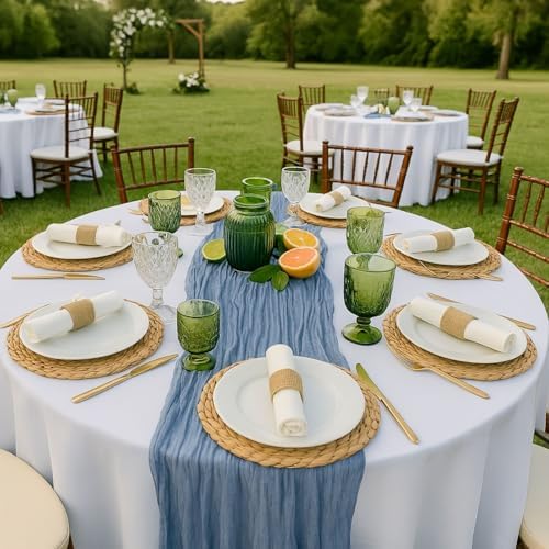 12 Pack Dusty Blue Cheesecloth Table Runner – 10FT Gauze Boho Table Runners for Wedding, Baby Shower, French Blue Bridal Party, Rustic Vintage Event Decor