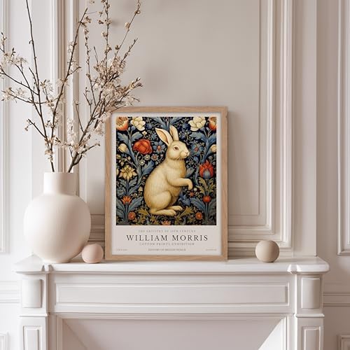 Poster Master William Morris Poster - White Rabbit Print - Flower Art - Animal Illustration - Floral Illustration - Bunny Illustration - Great Office or Bedroom Decor - 11x14 Beige Framed