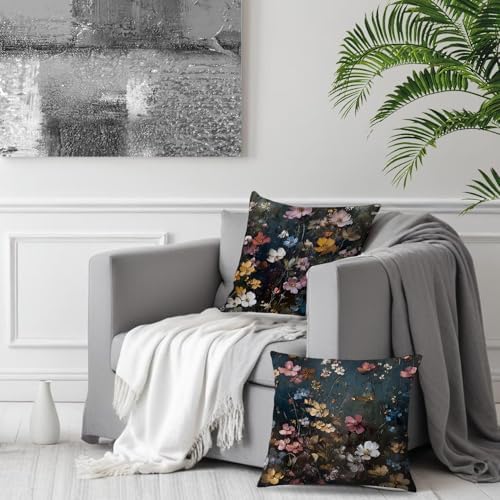 Vintage Moody Floral Pillow Covers 18x18 Double-Sided Set of 2, Floral Room Decor, Dark Boho Abstract Flower Decorative Throw Pillow Covers for Home Bedroom Living Room