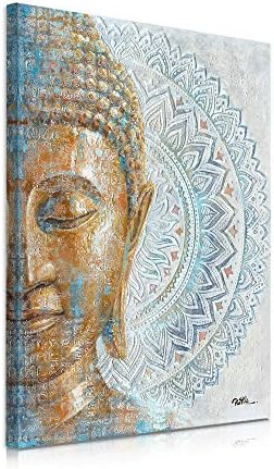 Gold Buddha Canvas Wall Art: 3D Textured Mandala Flower Blossom Buddha Painting Zen Print Picture on Blue for Yoga Meditation Room Bedroom Framed and Ready to Hang 12"x16"