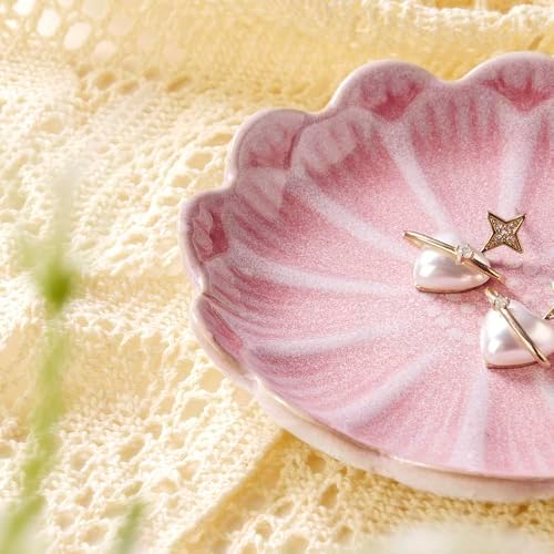 Lotus Ring Holder Dish Small Indoor Ash Tray, Ceramic Dessert Plate Trinket Jewelry Holder Organizing Necklace Earrings for Parents Friends Sister, Pink. All Jewelries Are NOT Included.