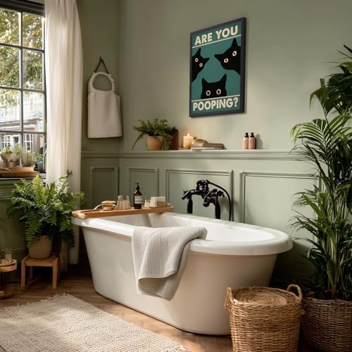 Cyebmo Funny Black Cat Bathroom Wall Art, Whimsical Toilet Humor Wall Decor, “Are You Pooping?” Cat Art Print, Three cats Poster Print for Restroom BathRoom Wood Framed Ready to Hang 16x24 Inch