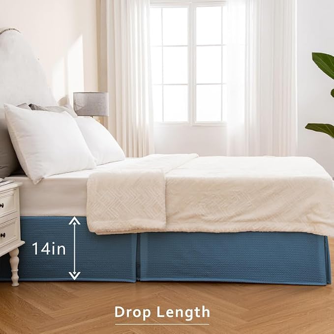 MIYE Pleated Waffle Weave Bed Skirt, Tailored Dust Ruffle 14 Inch Drop Easy Fit, Machine Washable (Blue, King - 14" Drop)