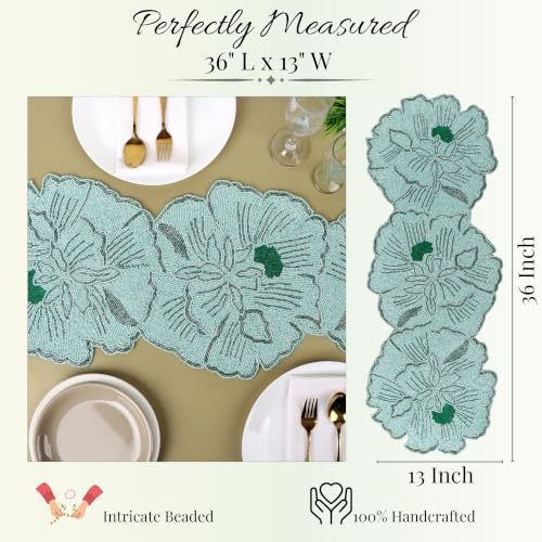 Beaded Table Runner 13x36 Inch, Handmade Decorative Dining Table Centerpiece with Premium Glass Beads & Polyester Back, Elegant Runner for Coffee, Console & Dresser Tables, Light Green